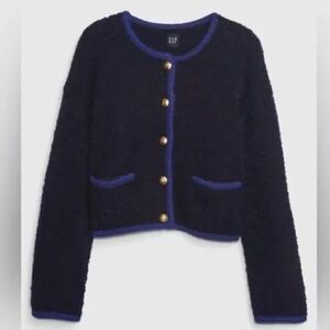 GAP Navy Boucle Cardigan Sweater with Gold Buttons and Blue Trim